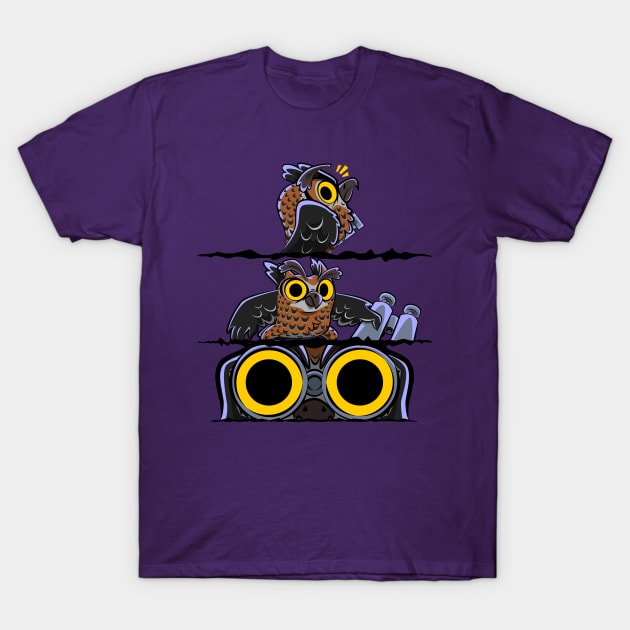 Hoo's There? | Funny Great Horned Owl Eyes Night With Binoculars Comic T-Shirt by CrocoWulfo